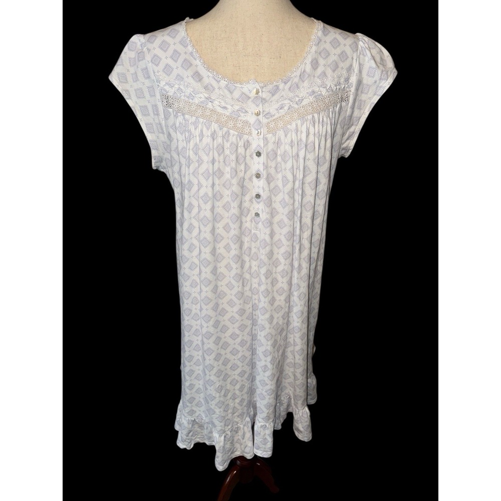 Eileen West Nightgown Womens L White Blue Diamond Lace‎ Trim Ruffle Hem Cotton